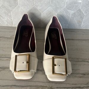 Franco Sarto Tahlia Square Toe Cream Flats with Gold Accent